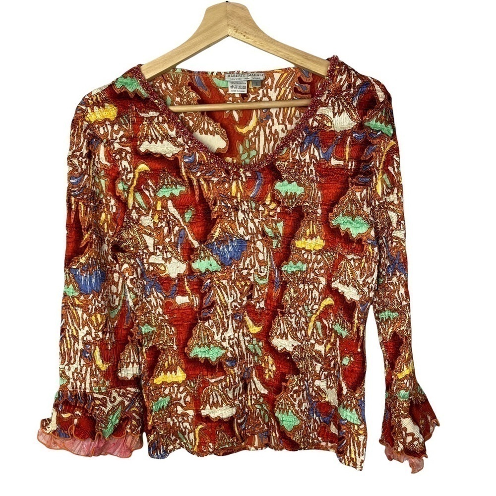 Alberto Makali Red Printed Textured Long Sleeve Blouse S‎